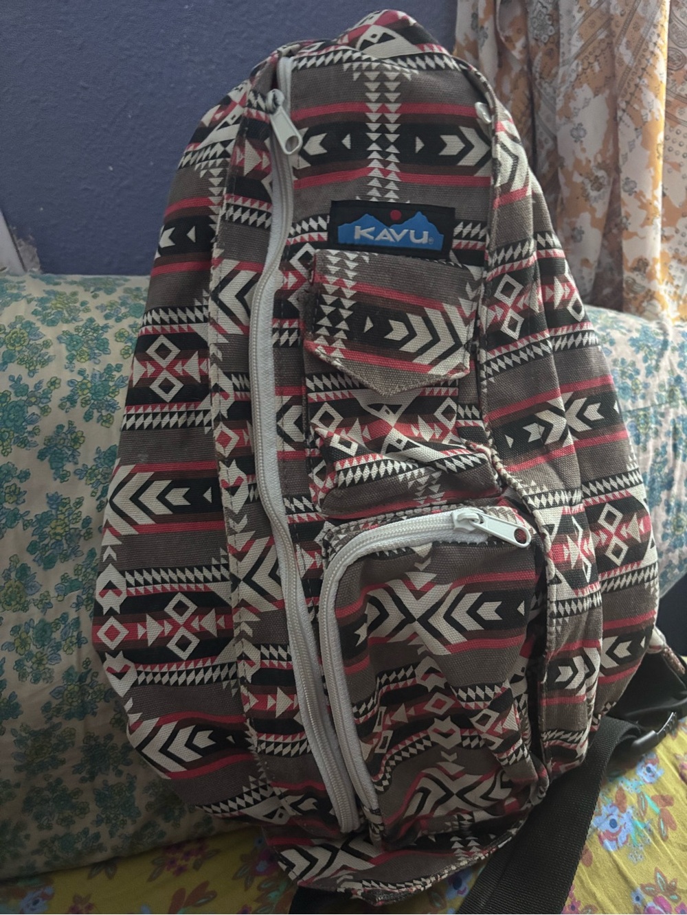Kavu Aztec Pattern Sling Backpack in Brown and Red